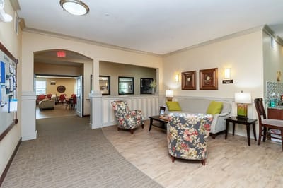 Bright common area with seating and decor