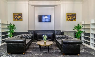 Interior lounge area with sofas and plants