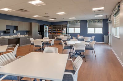 Bright dining area in a senior living facility