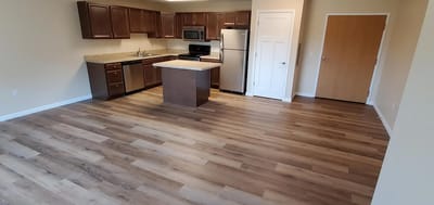 Interior view of a modern kitchen in a senior apartment