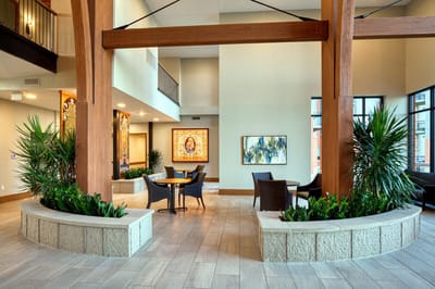 Bright and welcoming common area with plants and seating