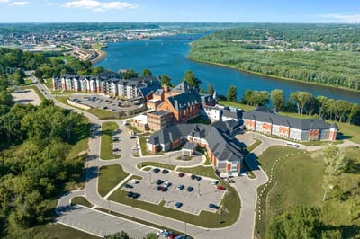 Aerial view of Mount Carmel Bluffs campus by the river