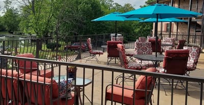 Outdoor seating area with umbrellas and views