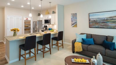 Modern kitchen and living area in a resident unit