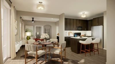Interior view of a modern kitchen and dining area