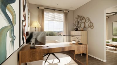 Stylish interior office space with a desk and artwork
