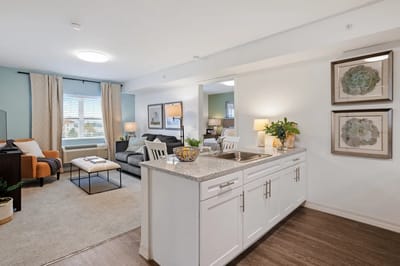 Cozy living area in a resident suite with modern decor