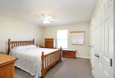 Bright bedroom with wooden furniture and a ceiling fan
