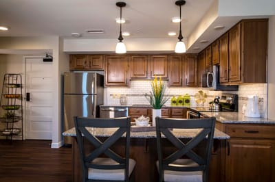 Modern kitchen interior with dining area