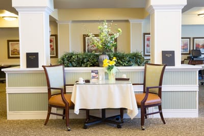 Interior view of a dining area with flower decor