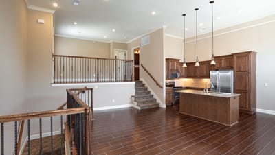 Spacious living area with modern kitchen