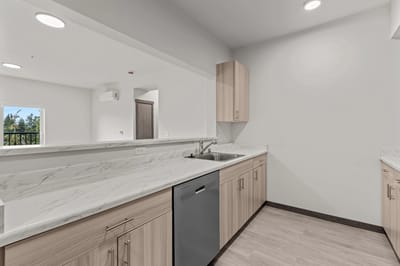 Modern kitchen area with cabinets and sink