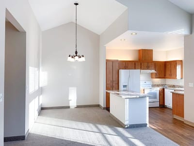Bright and spacious interior of a kitchen and living area