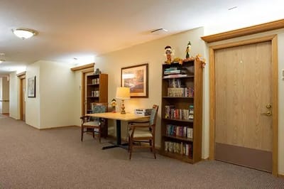 Well-furnished corridor with bookshelves