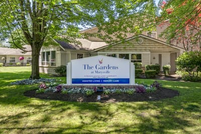 Exterior view of The Gardens at Marysville with signage