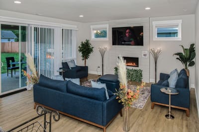 Bright living room with modern furniture and a TV