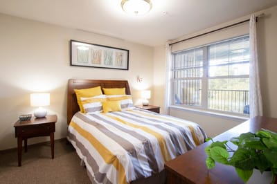 Cozy bedroom with striped bedding and natural light