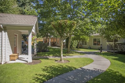 Pathway through landscaped outdoor space with buildings