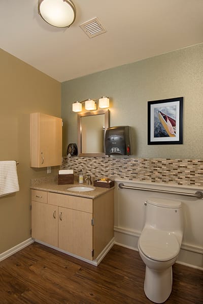 Brightly lit bathroom with modern fixtures