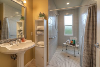 Bright bathroom with grab bars and accessible shower