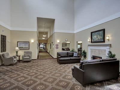 Interior view of a cozy common area with seating