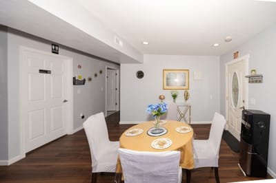 Bright dining area with a table set for four