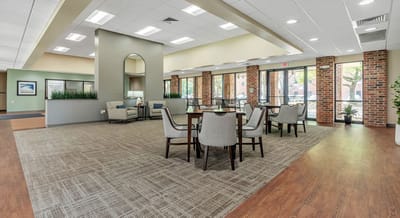 Bright interior common area with seating