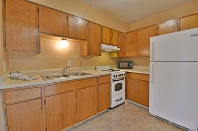Kitchen area in a senior living apartment