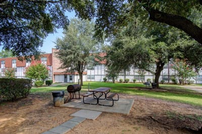 Outdoor seating area with trees and landscaping