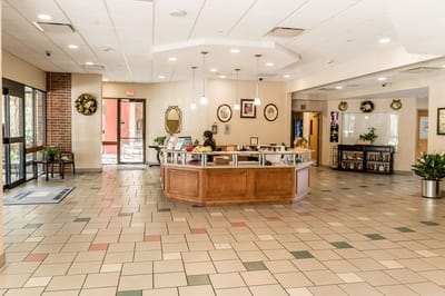 Lobby of a senior living facility with reception area