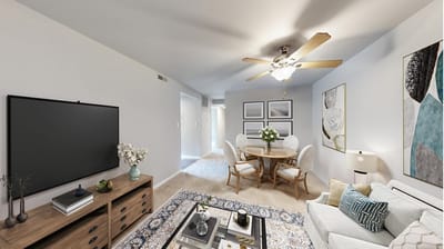 Brightly decorated common area with a dining table