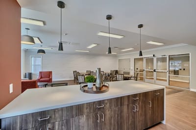 Bright and modern common area with seating and decor