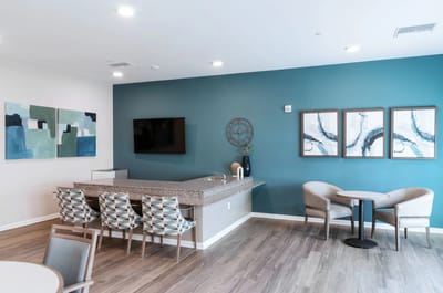 Bright common area with modern furniture