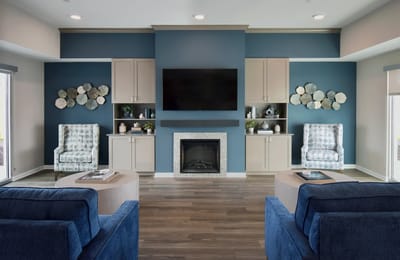 Interior common area with seating and fireplace