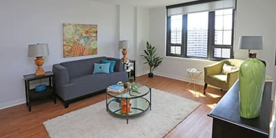 Brightly lit living room with modern furniture