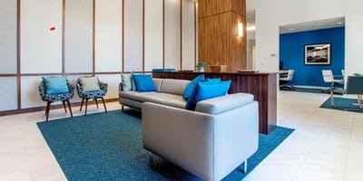 A common area with modern seating and decor