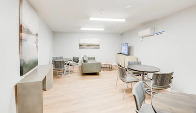 Clean and modern common area with seating