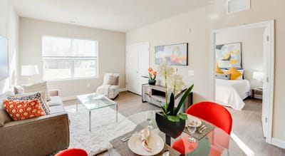 Cozy interior apartment with living area and bedroom