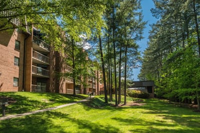 Outdoor view of a senior living facility surrounded by trees