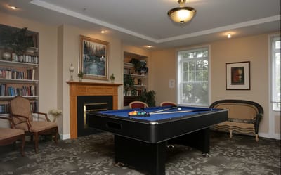 Common area with a pool table and bookshelves