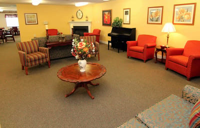 Bright common area with seating and decor