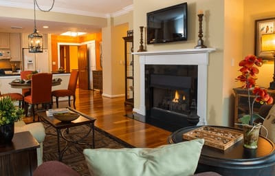 Bright common area with seating and fireplace