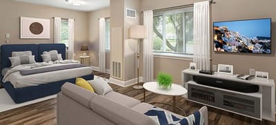 Interior view of a modern resident room with furniture