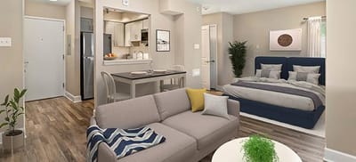 Modern interior view of a furnished studio apartment