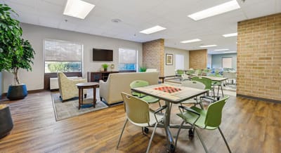 Interior common area with seating and tables