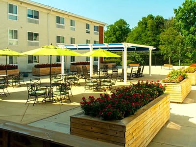 Outdoor patio area with seating and flower planters