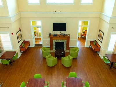 Bright and spacious common area with seating