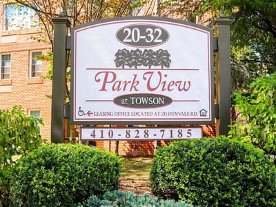 Sign for Park View at Towson facility entrance