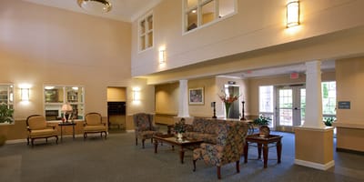 Lounge area with seating in a senior community