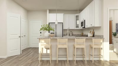 Modern kitchen interior with seating and sleek design